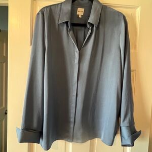 Slate blue dress shirt, silk like fabric. Dress up or dress down.